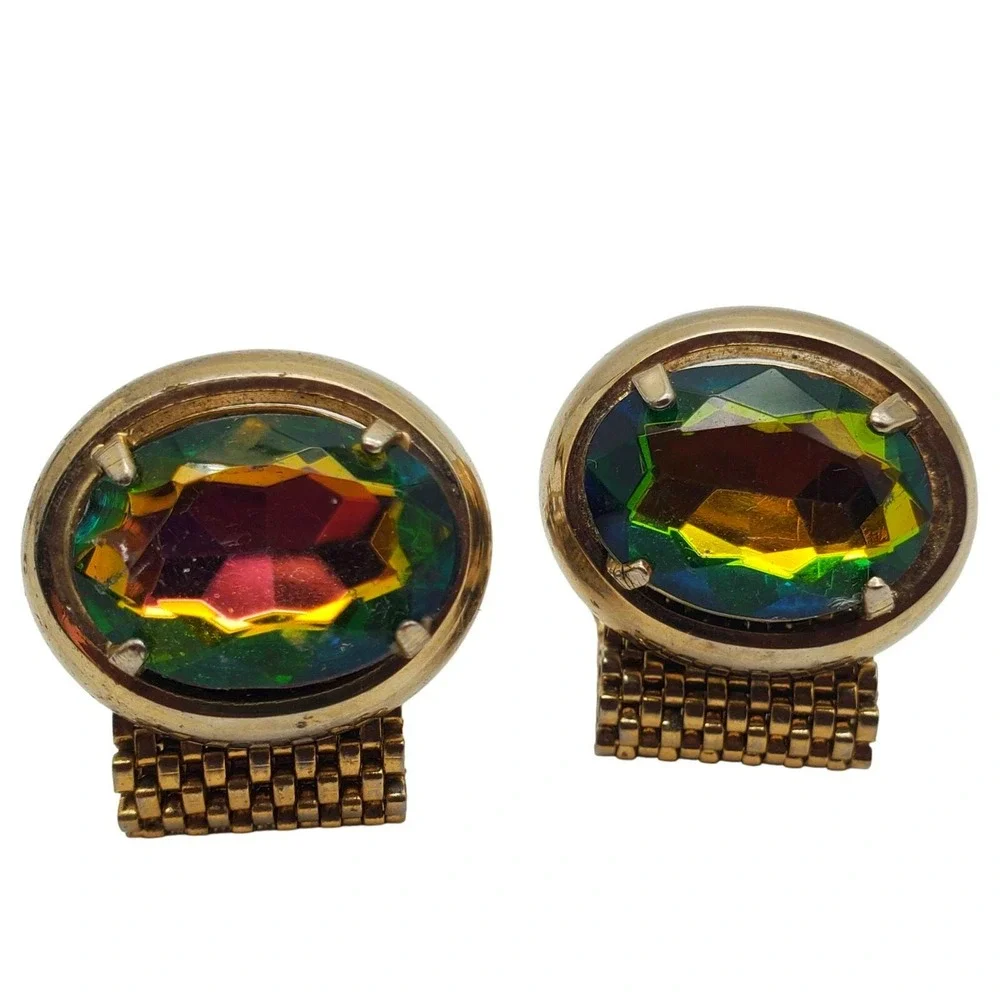 Large Gold Mesh Cufflinks Watermelon Rainbow Glass Retro Wrap Around Chunky Vtg
